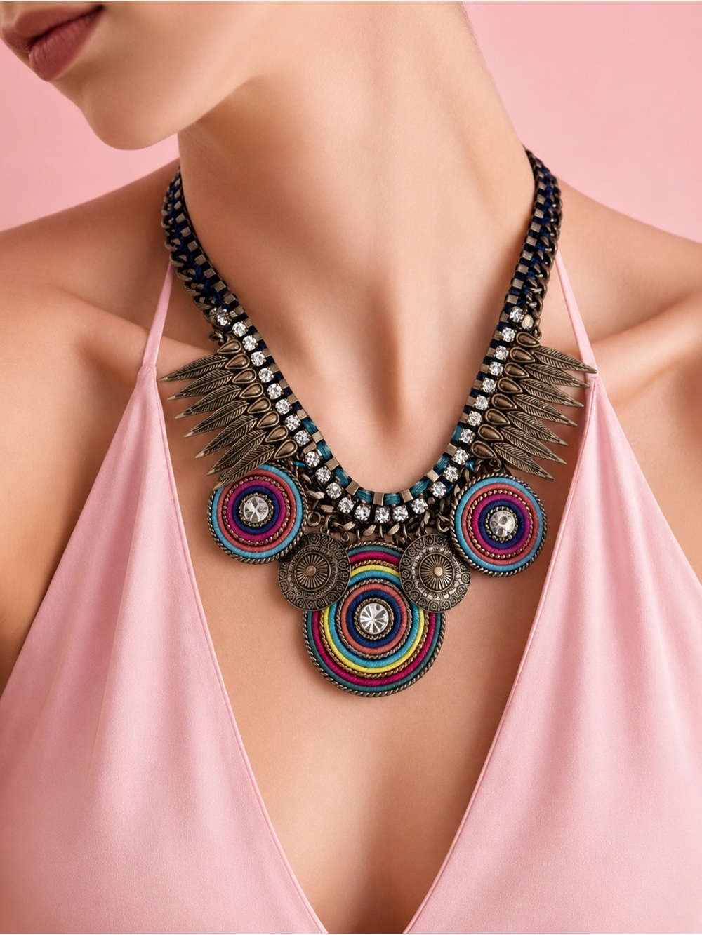 ALDO bronze Boho bronze round, colorful rhinestone feather chain necklace
